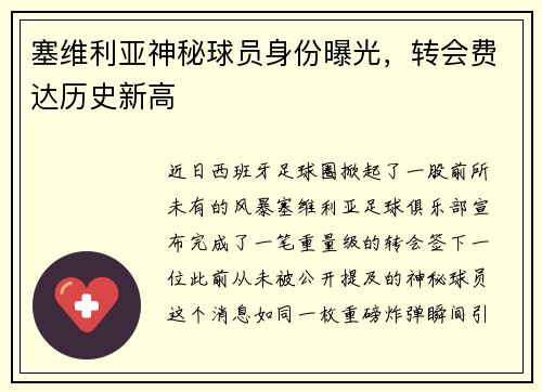 塞维利亚神秘球员身份曝光，转会费达历史新高