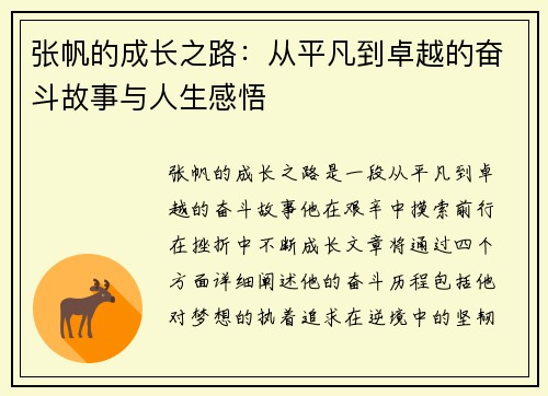 张帆的成长之路：从平凡到卓越的奋斗故事与人生感悟